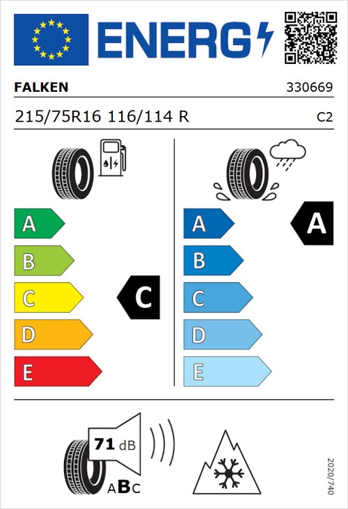 Tyre Label for Falken Euroall Season Van11 215/75R16 116/114R