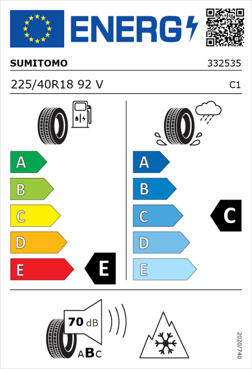 Tyre Label for Sumitomo WT200 225/40R18 92V