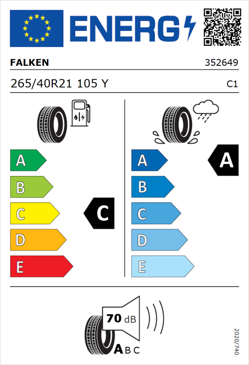 Tyre Label for Falken Azenis FK510 SUV 265/40R21 105Y