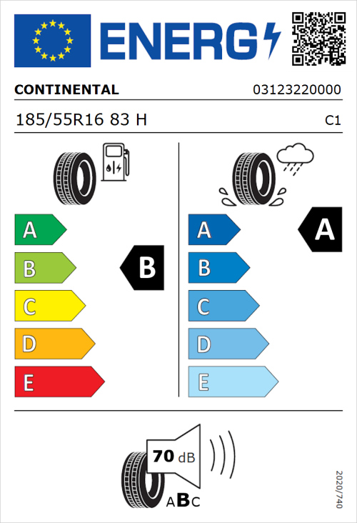 Tyre Label for Continental UltraContact 185/55R16 83H