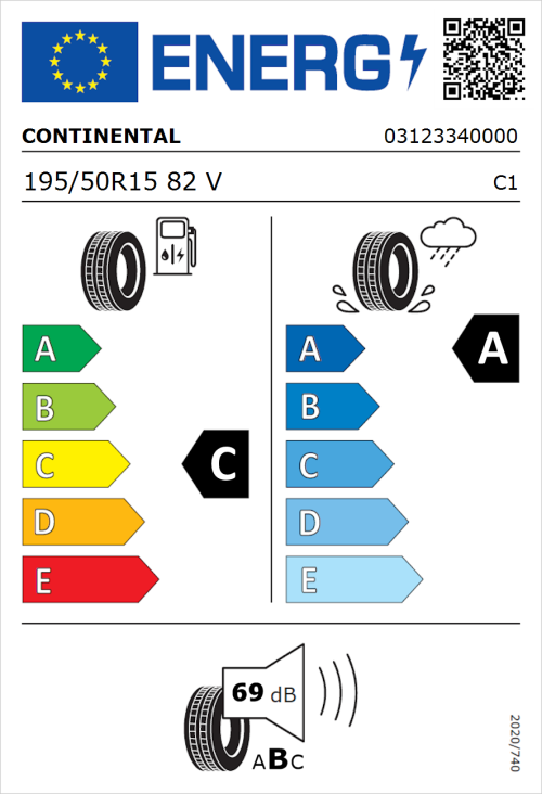 Tyre Label for Continental UltraContact 195/50R15 82V