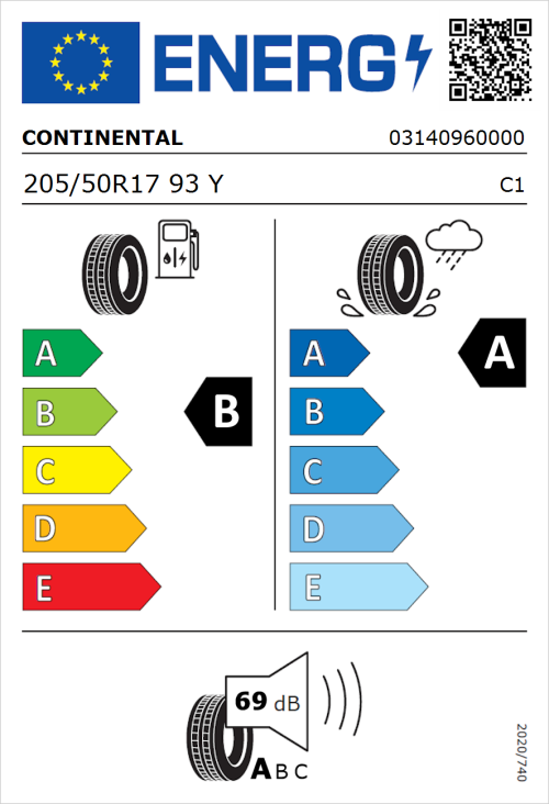 Tyre Label for Continental UltraContact 205/50R17 93Y