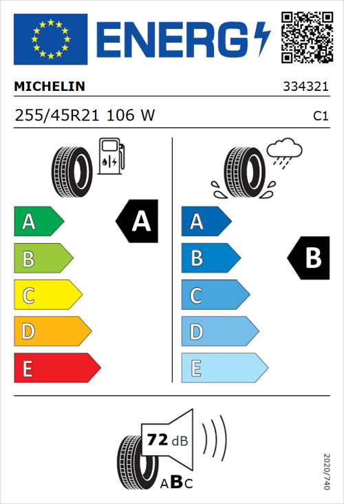 Tyre Label for Michelin Pilot Sport EV 255/45R21 106W
