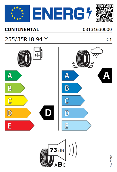 Tyre Label for Continental SportContact 7 255/35R18 94Y