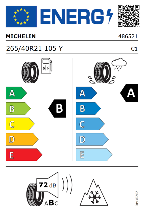 Tyre Label for Michelin CrossClimate 3 265/40R21 105Y