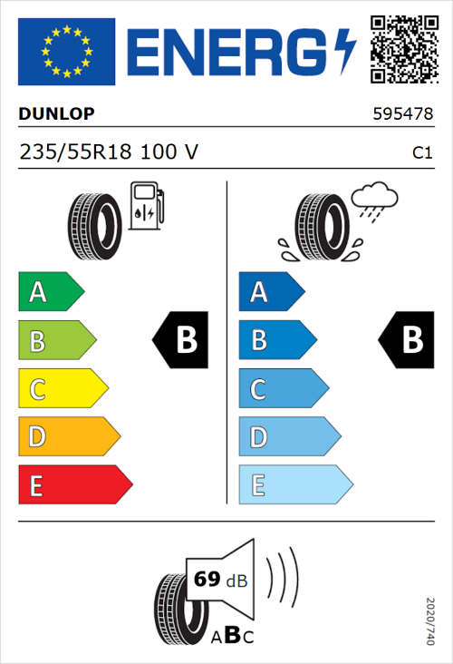 Tyre Label for Dunlop Sport Response 235/55R18 100V