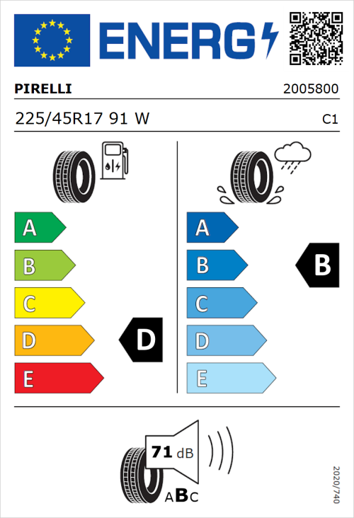 Tyre Label for Pirelli Cinturato P7 Run Flat 225/45R17 91W